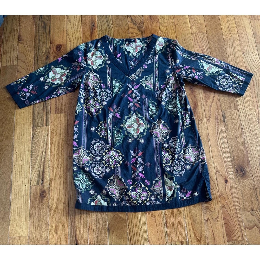Lands End Womens XL Navy Blue Geometric Boho V-Neck Tunic Top Elbow Sleeve